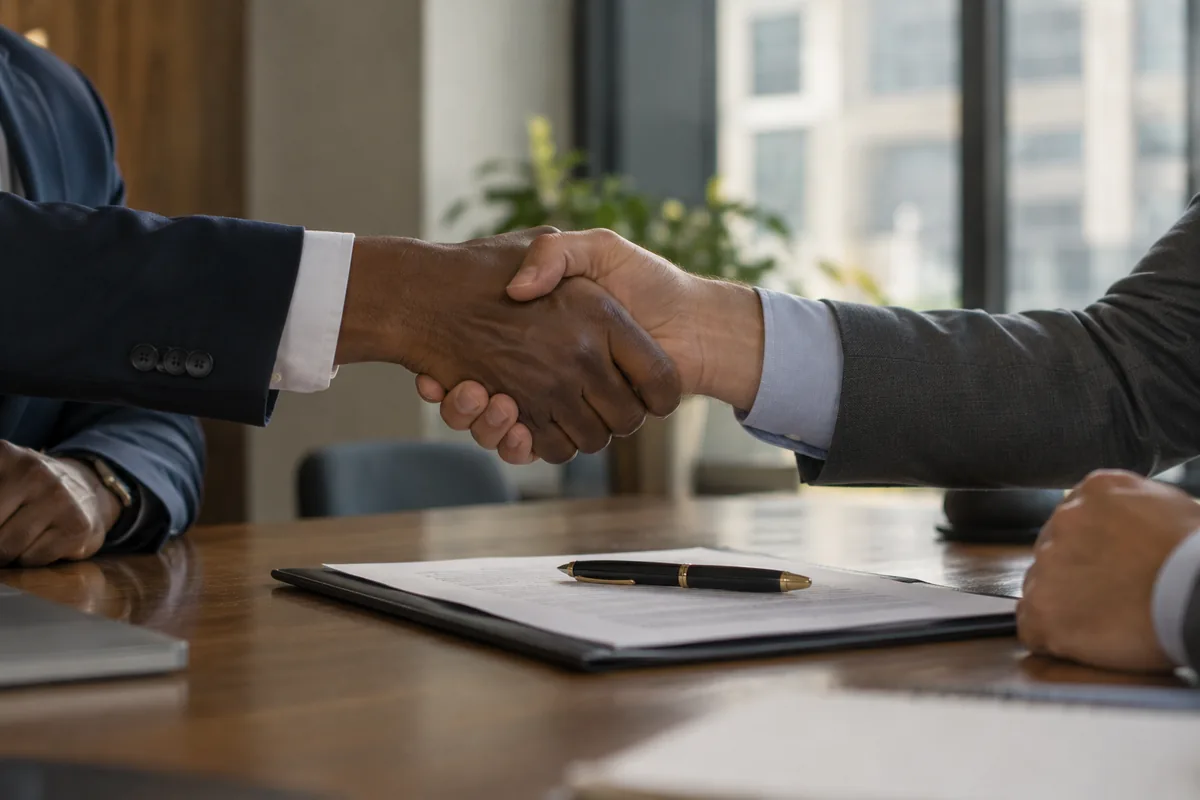 A handshake across a desk with a signed agreement